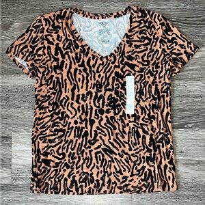 NWT Nine West Women's Black and Tan Animal Print V-Neck Top XS